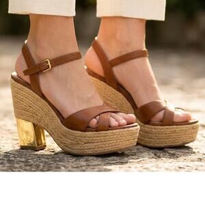 Miu Miu Leather Rope Wedge Sandal Gold Mirror Heel Coquette Old Money Coastal